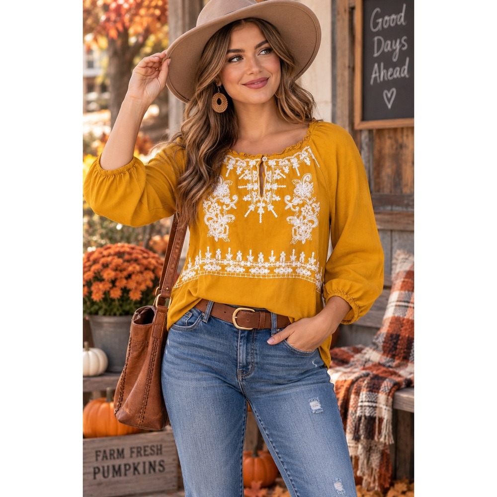 St Johns Bay Womens Medium Mustard Embroidered Peasant Blouse Boho Fall Top